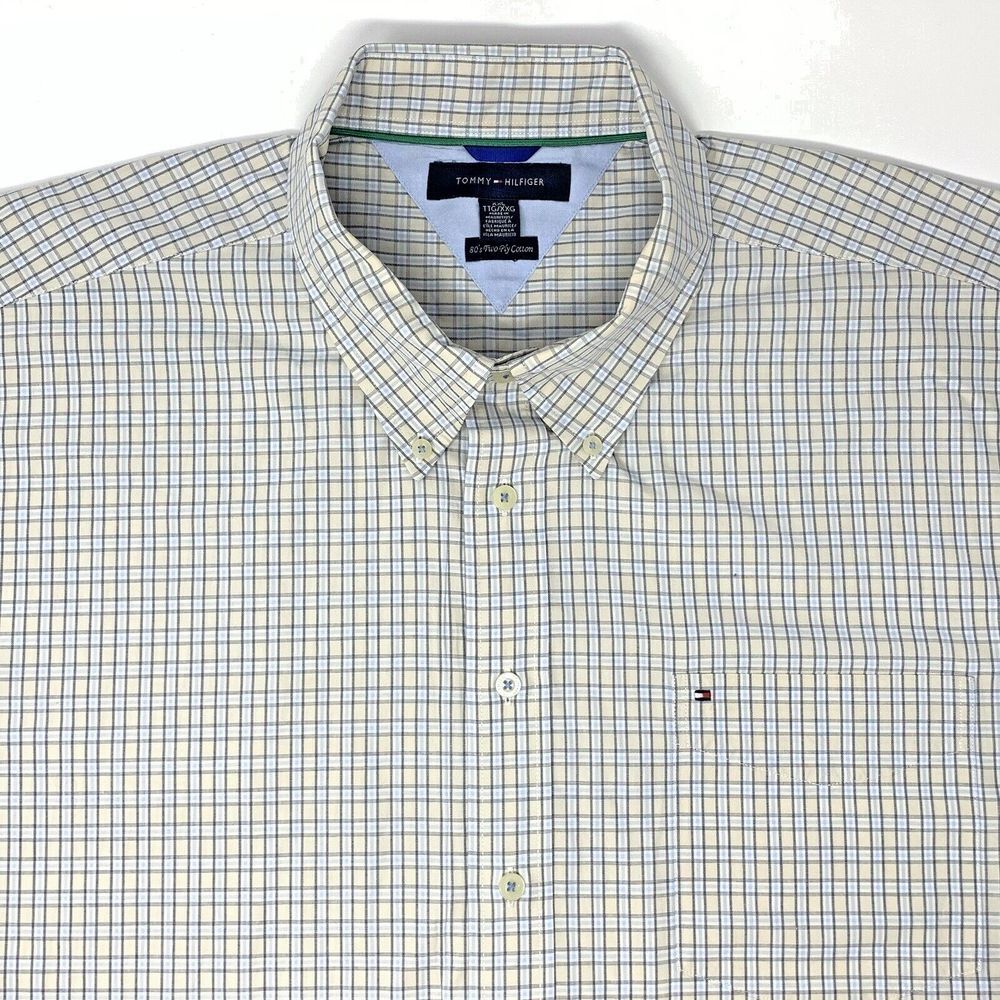 Tommy Hilfiger Beige Plaid Cotton Men's Short Sleeve Button Up Shirt Size XXL - Picture 1 of 9